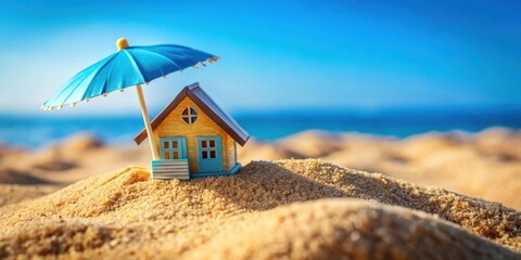 Obraz premium Miniature beach house model under a small blue umbrella on a sandy beach