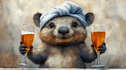 Cute animal celebrating with drinks while wearing a towel on its head in a cozy setting