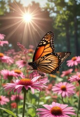 Obraz premium Monarch butterfly in mid-flight above a vibrant pink coneflower field with sunlight filtering through the petals, coneflower, flight