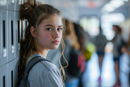 Lonely teenage girl standing by school lockers in hallway with other students are blurred in background. Concept of social isolation, school bullying and teenage emotions in academic environment