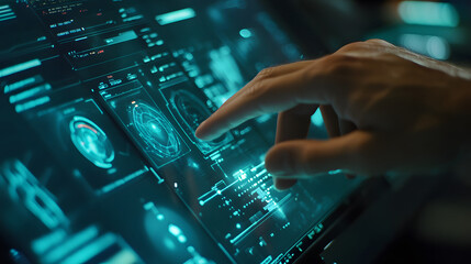 Fototapeta premium Hand and futuristic digital interface, hand touching holographic screen, technology and innovation
