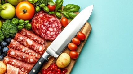 Colorful Display of Fresh Produce and Cured Meats on Wooden Board with Sharp Knife in Kitchen Setting