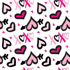Seamless pattern with hand drawn cute hearts vector illustration. Heart shaped vector illustration set. Mothers day, greeting card, wallpaper or gift wrapping design.
