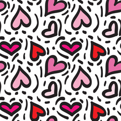 Seamless pattern with hand drawn cute hearts vector illustration. Heart shaped vector illustration set. Mothers day, greeting card, wallpaper or gift wrapping design.