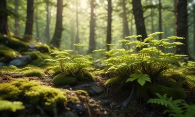 Obraz premium Moss-covered leaves and stems of a sunny forest plant, sunlight filtering through leaves, moss covered leaves