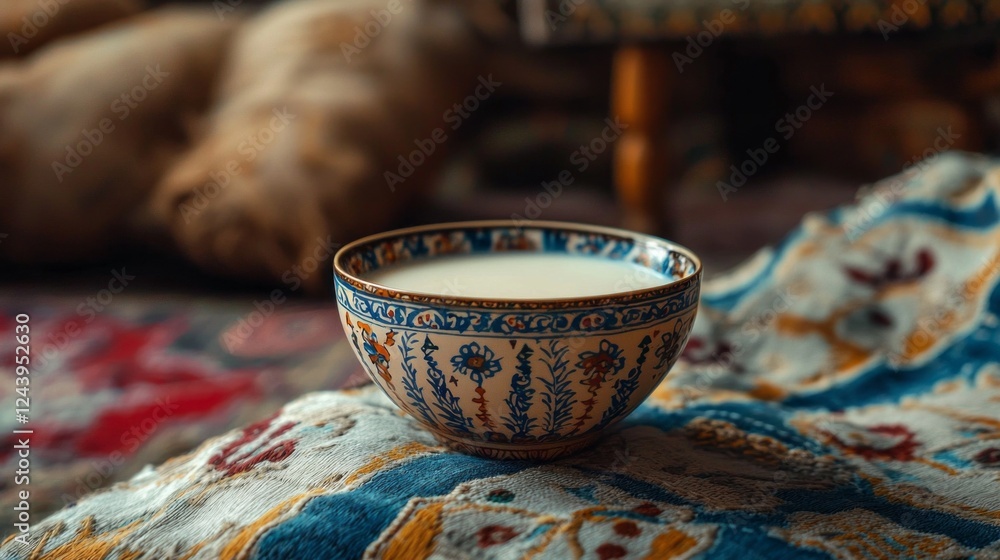 Poster a beautifully crafted bowl holds a creamy drink, contrasting with a richly patterned textile. soft l