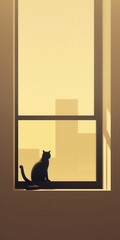 Silhouette of a black cat sitting on a windowsill, overlooking a hazy cityscape at dusk.