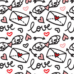 Seamless pattern with hand drawn cute hearts and love letters. Greeting card, wallpaper or gift wrapping design. Vector