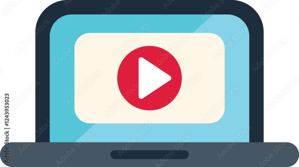 Poster video player interface with play button symbol displayed on a laptop screen, representing online vid