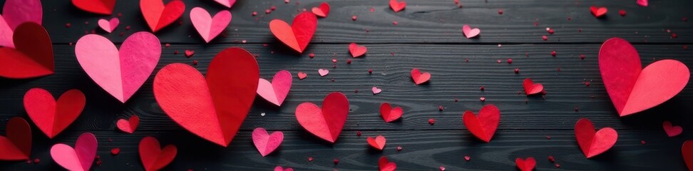 Obraz premium Scattered red and pink paper hearts on dark wood , texture, surface