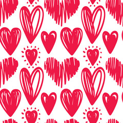 Seamless pattern with hand drawn cute red hearts vector illustration. Heart shaped vector illustration set. Mothers day, greeting card, wallpaper or gift wrapping design.