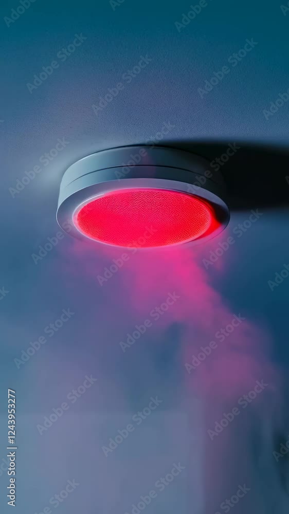 Poster smoke is rising and triggering a smoke detector on a ceiling, emitting a red warning light, indicati