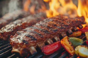 Grilling barbecue ribs with flames and vegetables on.