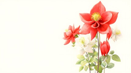 Fototapeta premium Vibrant Red and White Flowers with Green Leaves on Light Background