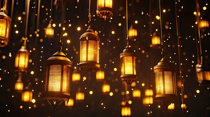 Obraz premium Illuminated lanterns, festive night, bokeh background, Ramadan celebration