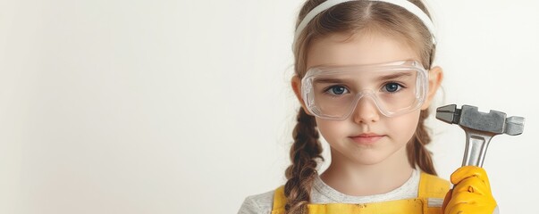 Girl in goggles holding wrench standing against white wall