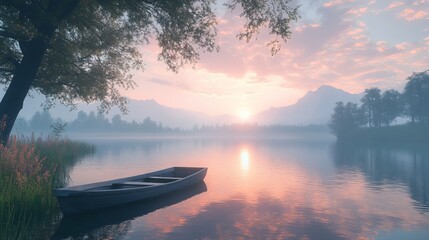 Serene Scene of a Colorful Fishing Boat Nestled on the Soft Sandy Shore of a Peaceful Lake Surrounded by Lush Greenery and Gentle Ripples Under a Clear Blue Sky Evoking Tranquility
