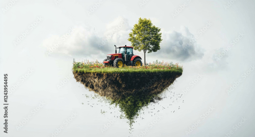 Poster this representation depicts modern agricultural techniques with a tractor situated on a floating isl