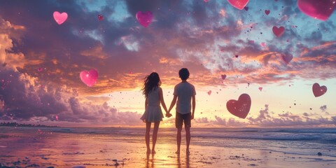 Romantic couple holding hands while walking along the beach at sunset with floating heart shapes in the sky