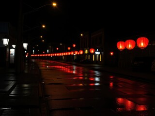 Fototapeta premium Nighttime scene with red lanterns reflecting off wet pavement, red lanterns, alleys