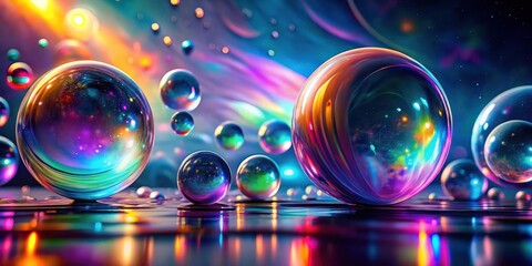 Abstract iridescent spheres reflecting vibrant colors on a glossy surface