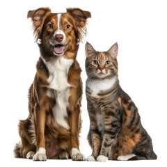 A friendly dog and cat sitting side by side, showcasing their companionship in a bright, neutral setting, perfect for pet lovers