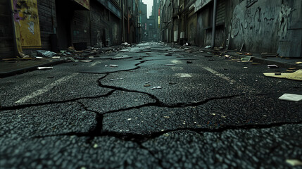 Desolate urban street, cracked asphalt, littered alley