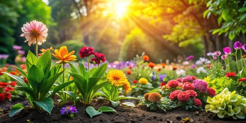 Obraz premium Vibrant Blooms Basking in Golden Sunlight of a Lush Garden