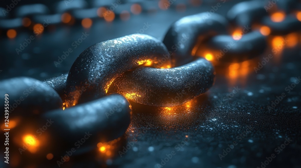 Poster close-up of a glowing chain link on a dark surface, showcasing intricate details and textures