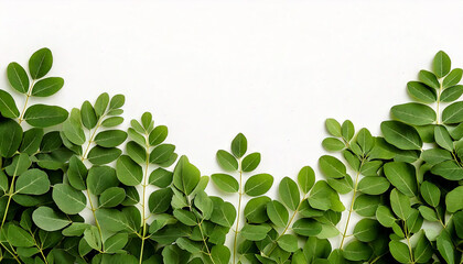 Fresh moringa leaves arranged on a white background, creating a natural and organic botanical frame.  
