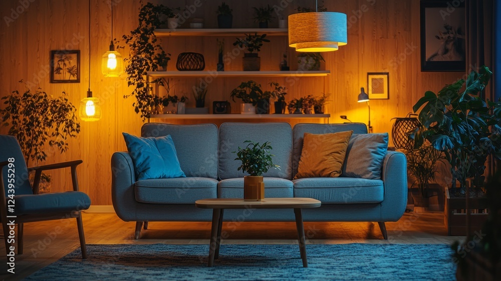 Poster soft lighting illuminates a serene living room filled with lush greenery, featuring a comfortable so