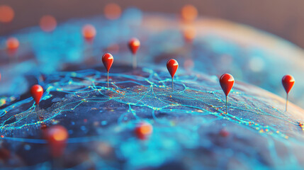 GPS map with red pins and a globe in the background, a travel concept. Photo of a global location or tourist route with blue lines, in a blue tone, 3D rendering illustration