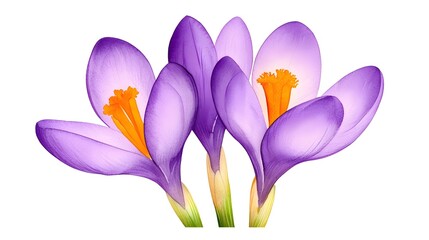 Vibrant Purple Crocus Flowers on a Bright White Background
