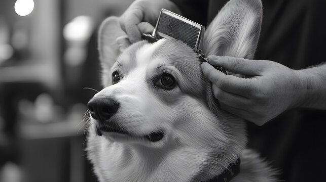 Dog grooming session, close-up of cute pet with a brush. Corgi, pet care, animal grooming