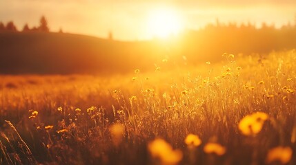 Yellow wildflowers blooming in sunlit meadow with soft focus background