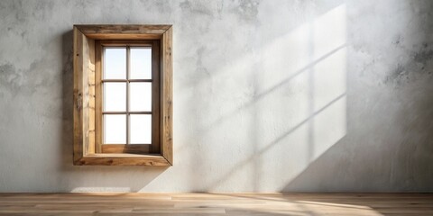 Rustic Wooden Window Frame in a Sunlit Room with Textured Wall