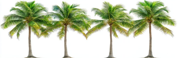 Fototapeta premium Four lush green palm trees stand tall against a bright white background, showcasing their vibrant foliage and textured trunks