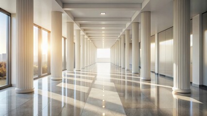 Obraz premium Sunlit Colonnaded Hallway with Polished Floor and Expansive Windows