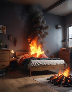 Un bombero con manguera apaga un incendio en una habitaci?n con muebles quemados, manguera, seguridad, casa