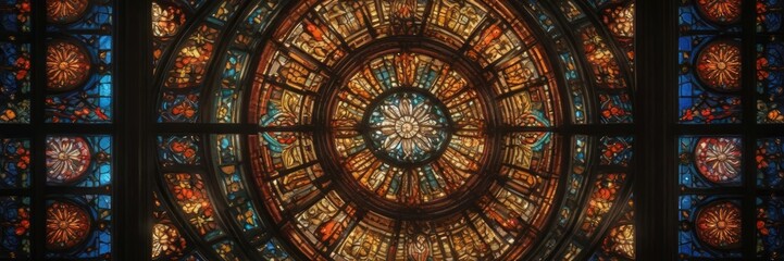 Ornate stained glass window with vibrant colors, sacred, glass
