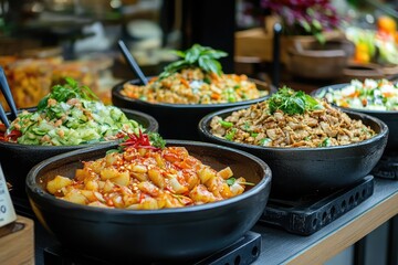 Fototapeta premium Assortment of Delicious Asian Dishes on Dark Tabletop.