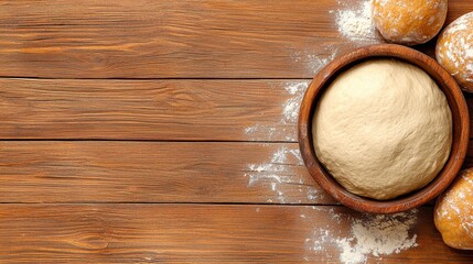 Freshly Prepared Bread Dough with Fluffy Rolls on Rustic Wooden Surface Surrounded by Flour