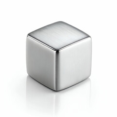 
A single silver cube on a clean white or black background with soft lighting.
