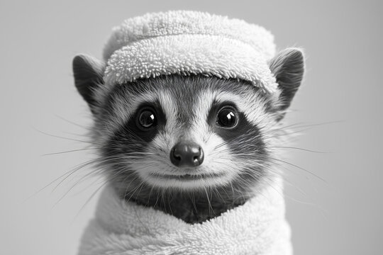  Black and White image with Raccoon wearing a towel ,Funny animal concept,