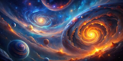 Cosmic Wonders A swirling nebula and fiery planets in a vibrant galaxy