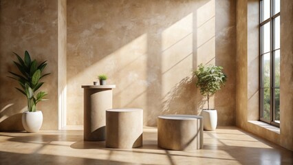 Sunlit Interior with Minimalist Display Pedestals and Potted Plants