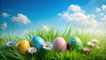 Decorative Easter eggs nestled in vibrant green grass under a bright spring sky