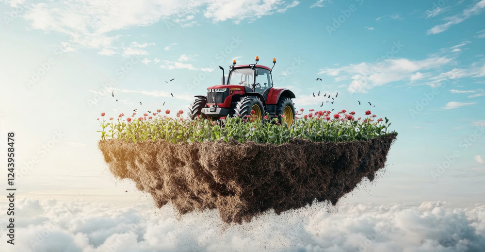 Poster a bright red tractor operates on a grassy floating patch surrounded by blooming flowers. wispy cloud