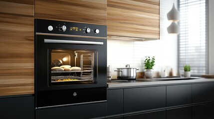 Black built-in microwave with wooden panels has an open door revealing glass shelves that hold two stones inside