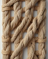 Fototapeta premium Overlapping hemp rope square knots on a white surface , twine, texture
